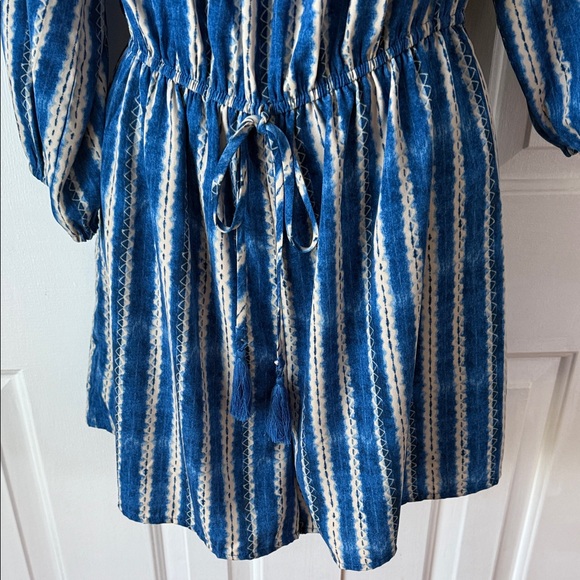 Blue and White Striped Off-Shoulder Romper Dress - Picture 3 of 5